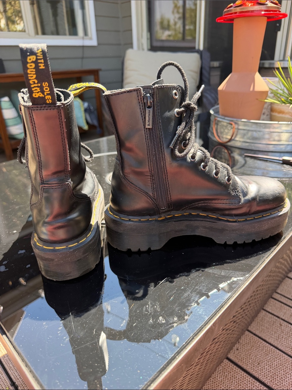 Dr. Martens Black Platform Lace-Up Boots with Yellow Heel Loop - Picture 4 of 11